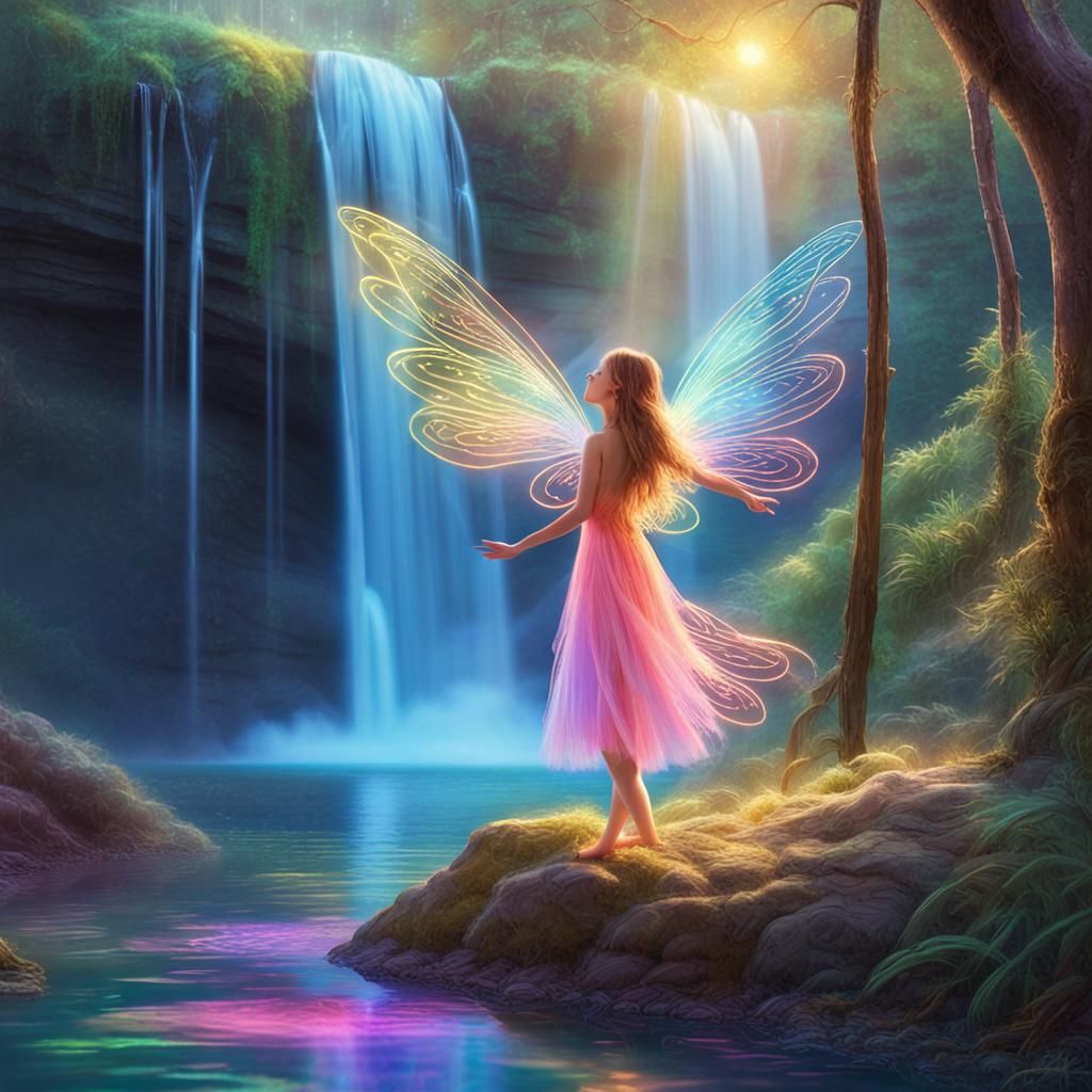 Fairy Children Dancing by Waterfall with Neon Wings