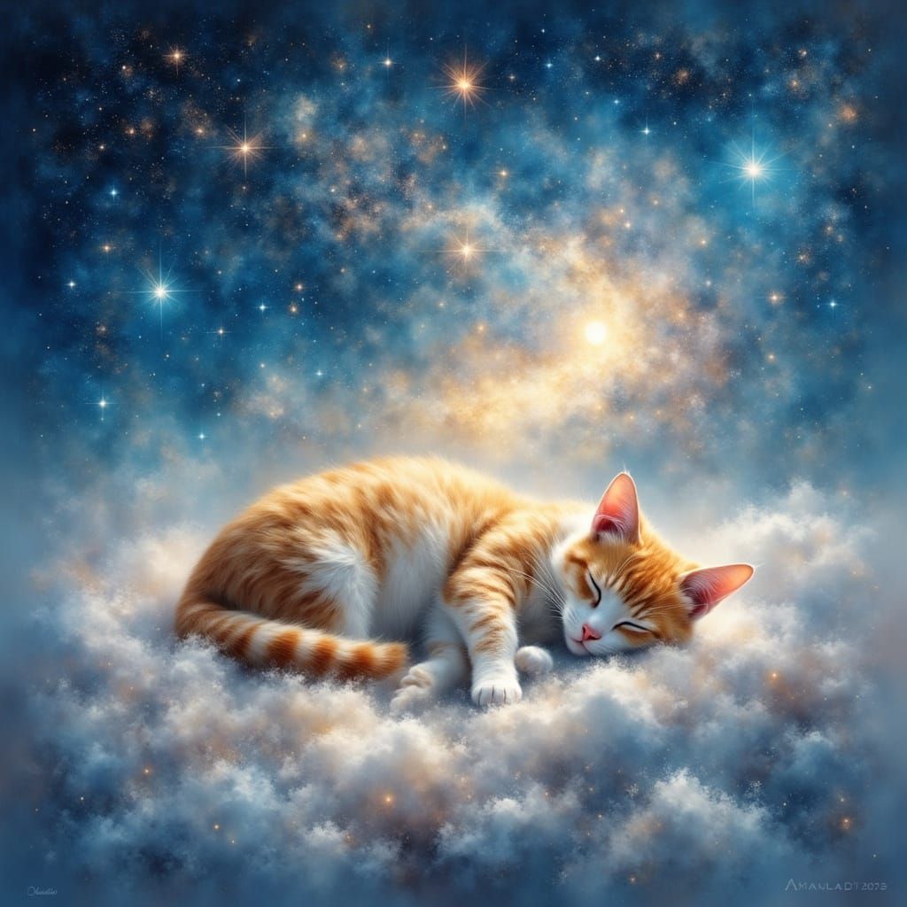 Cat Sleeping on Star Cloud with Pastel Nebula