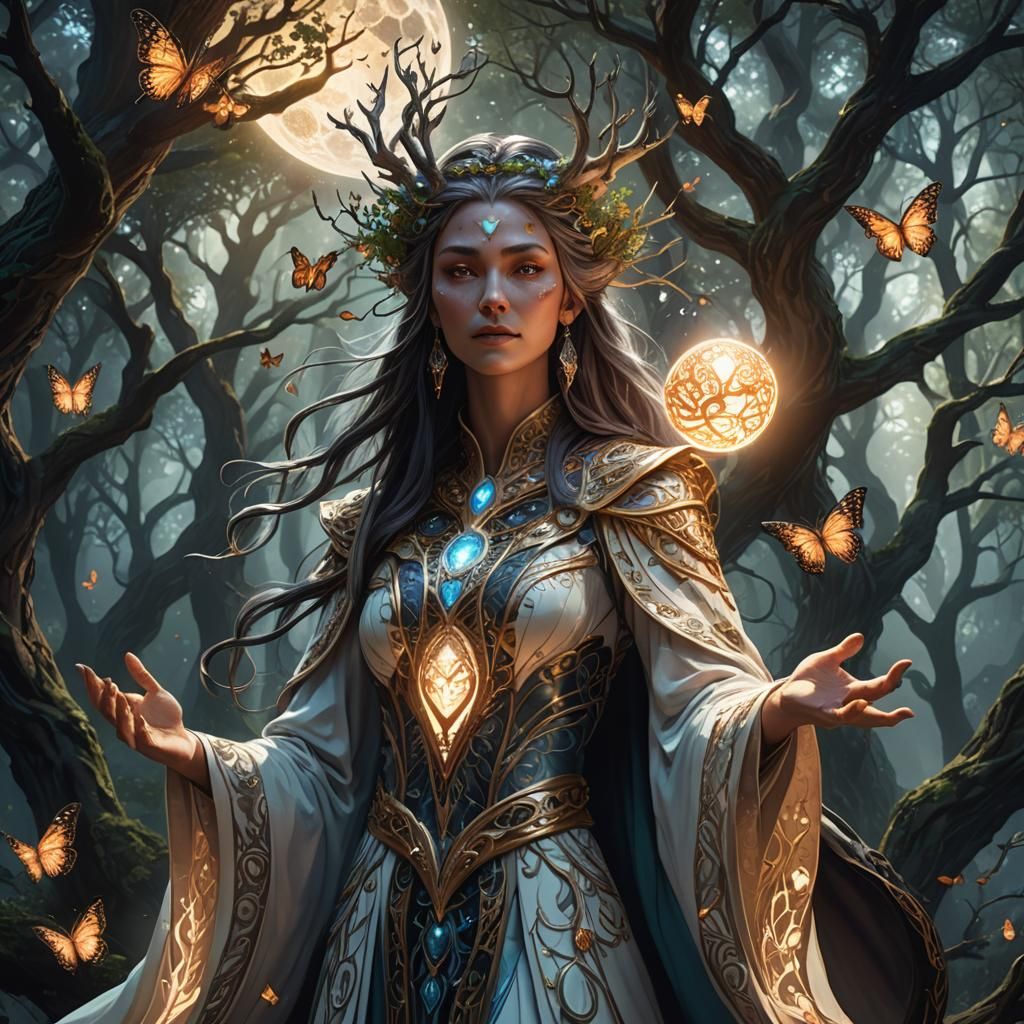 Enchanted Sorceress Summons Magic Orb in Mystical Forest