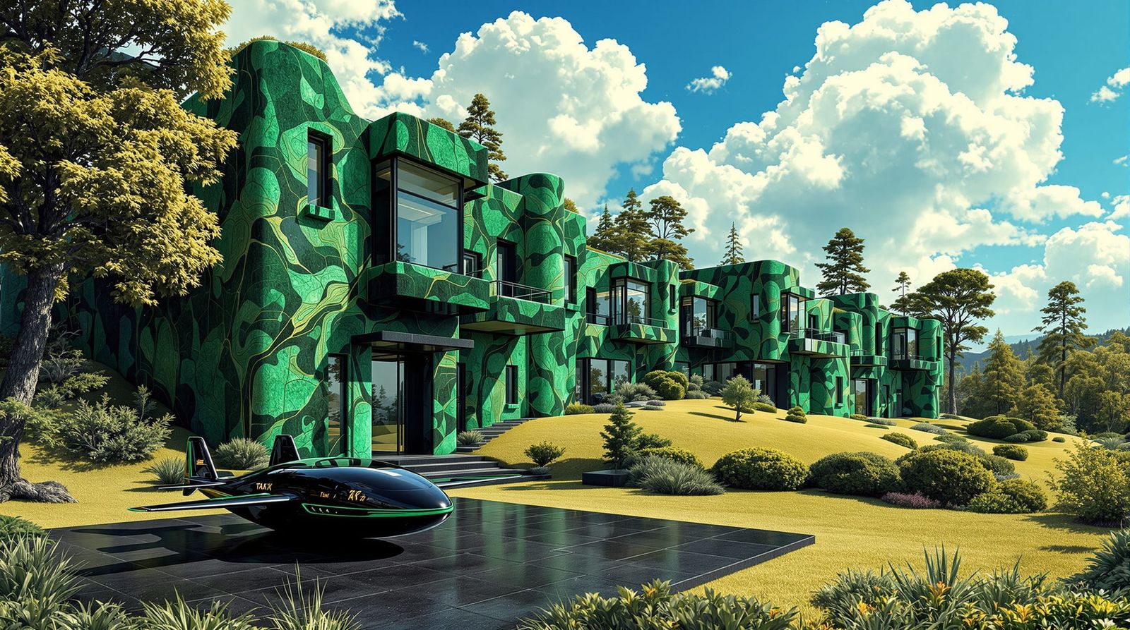 Art Nouveau Malachite Cityscape with Air Taxi