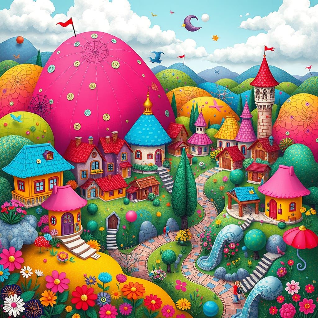 Whimsical Village of Kikiri in Pop Surrealist Style