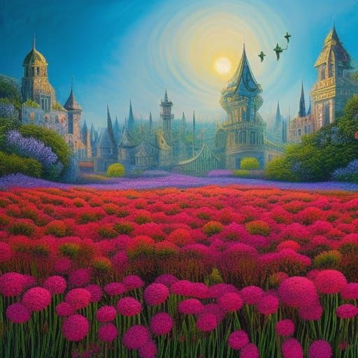 Flowers and Castle: Neo-Impressionist Mixed Media Art