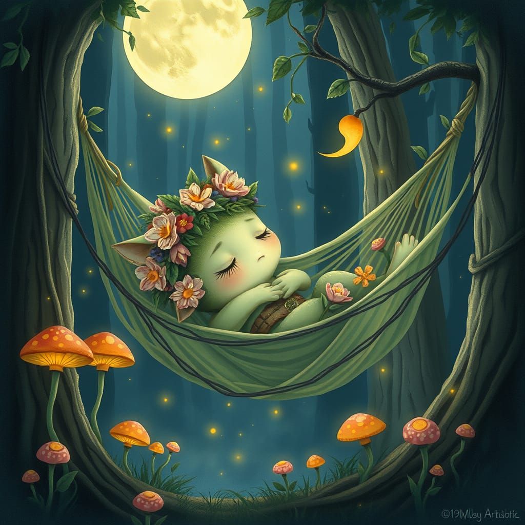 Dreamy Forest Creature Asleep in Hammock