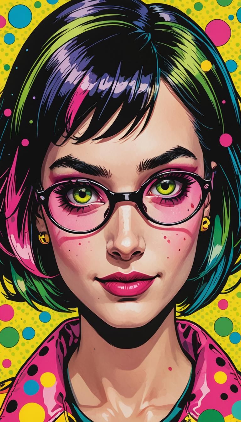 Pop Art Portrait of Woman with Multicolored Glasses