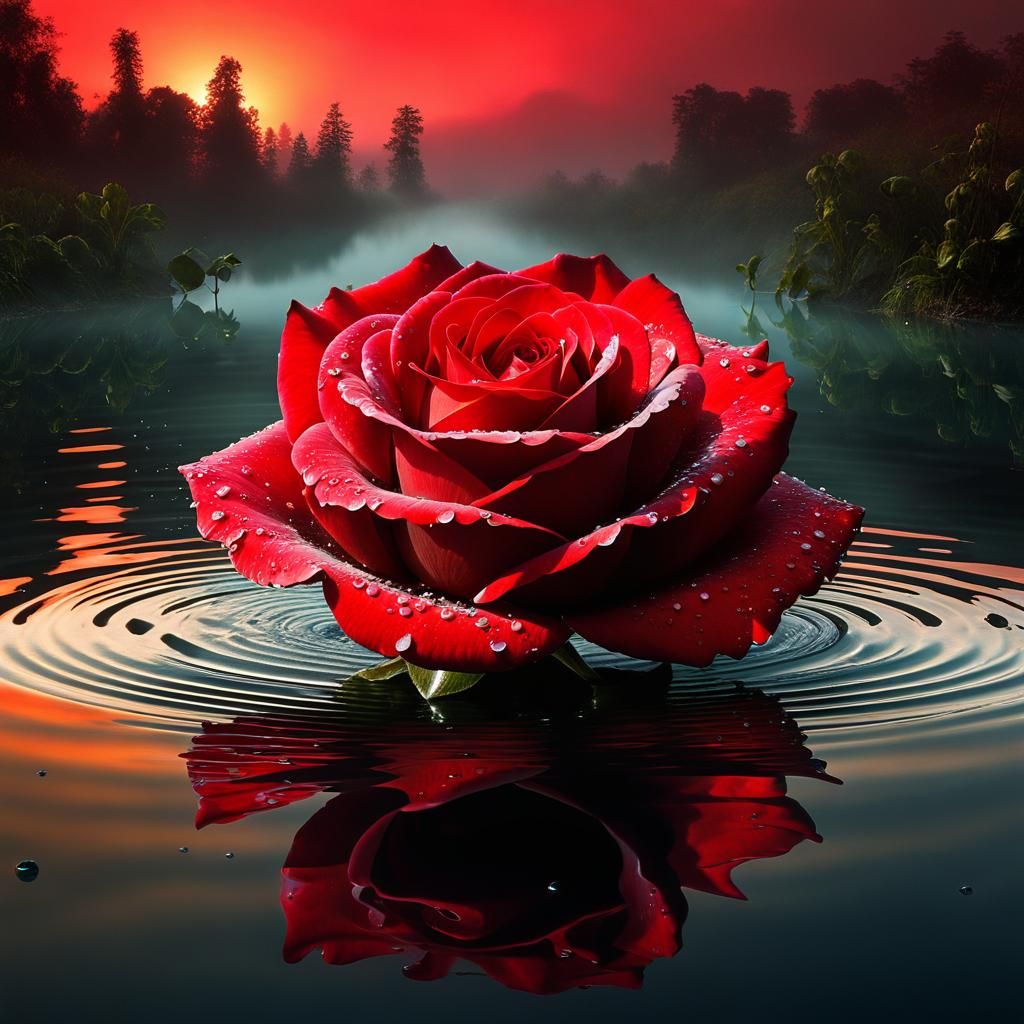 Red Rose Aurorascape Reflection: Fine Art Digital Painting