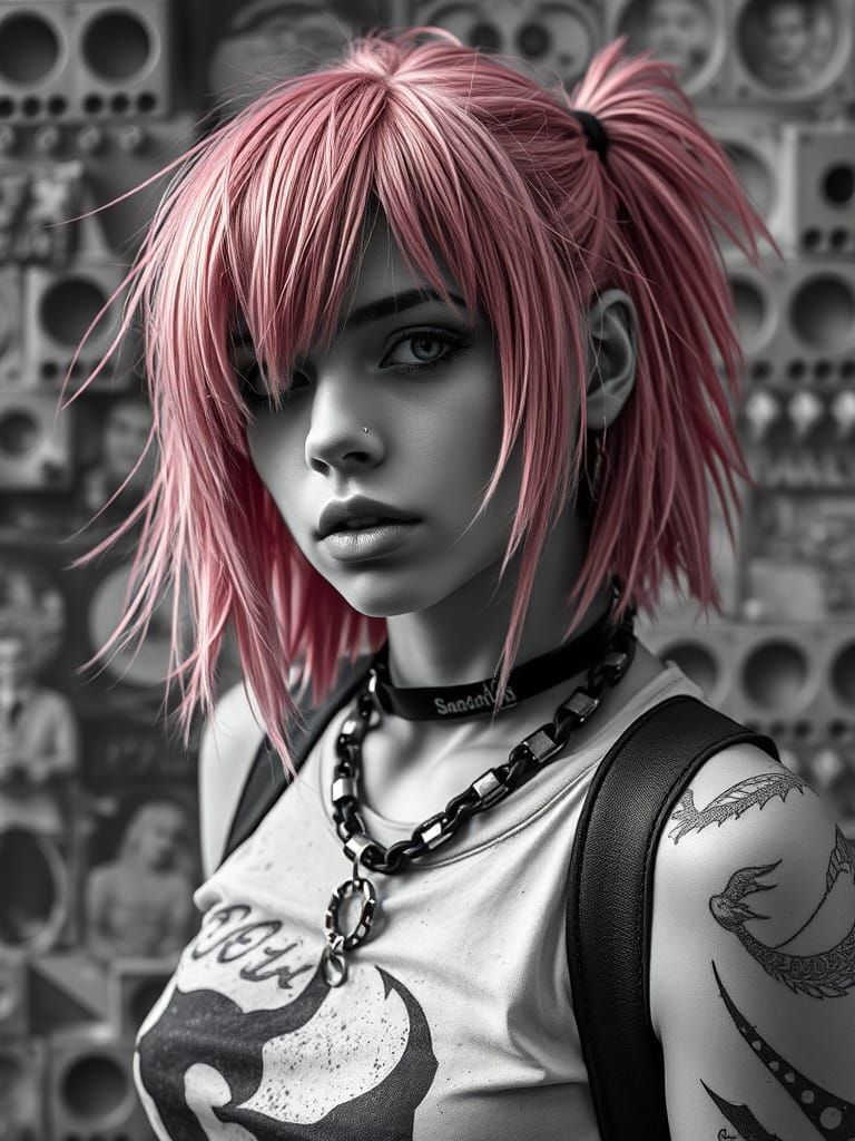 Pink Haired Character in Grunge Punk Rock Style