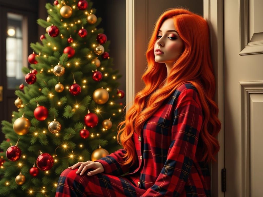 Voluptuous Woman in Pajamas Under Mistletoe