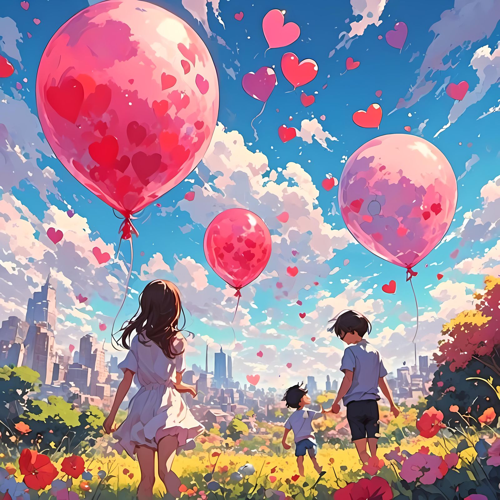 Textured Painting of Balloon Hearts in Chiptune Style