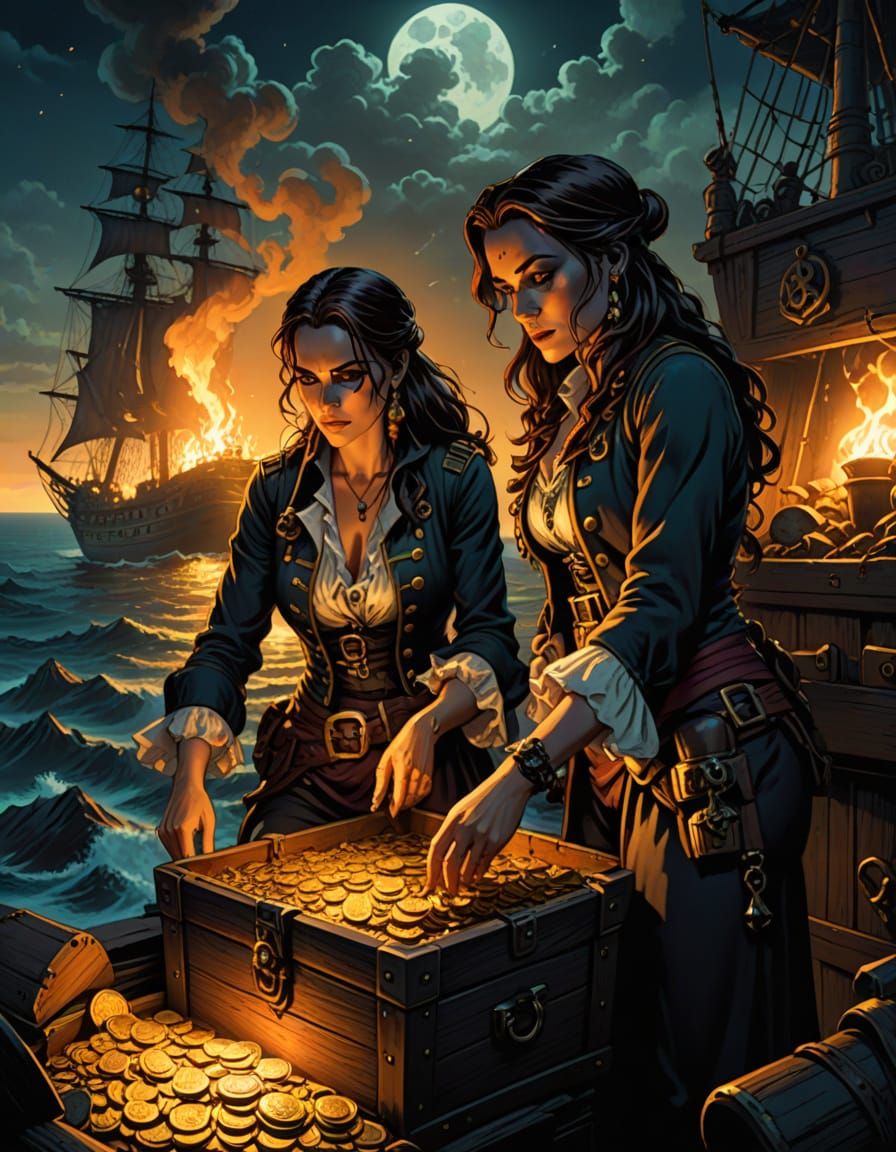 Pirate Women Discover Treasure in Comic Book Style