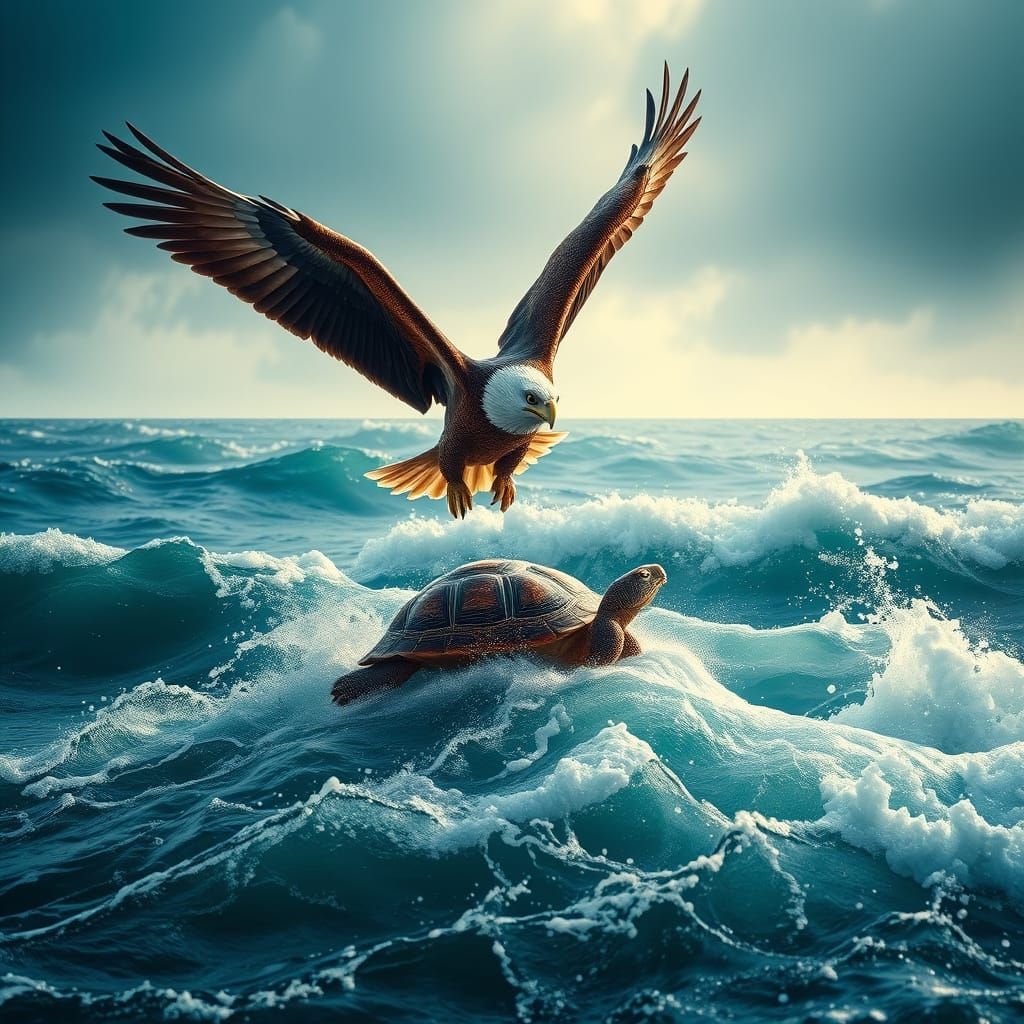 Eagle and Tortoise Soaring Above Stormy Sea
