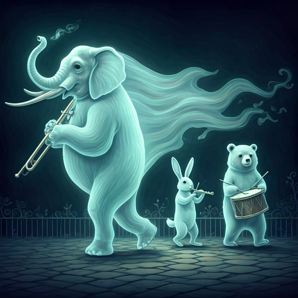 Ethereal Animal Musicians in Dreamlike Parade
