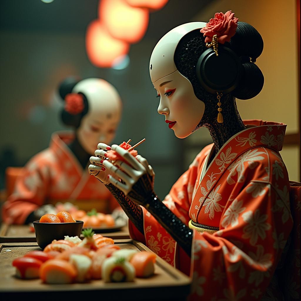 Robotic Geishas Enjoying Sushi in Cinematic Style