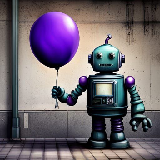 Sad Robot with Purple Balloon in Graffiti Style
