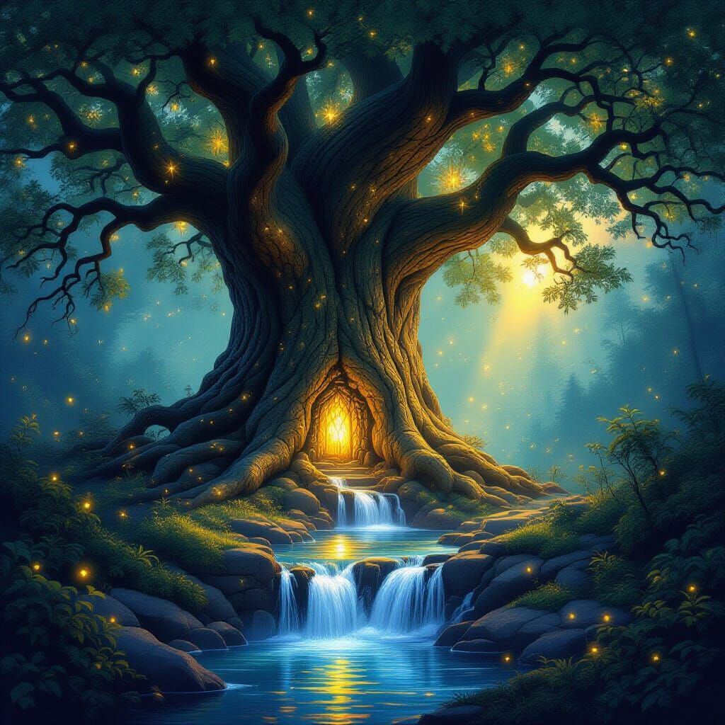 Enchanted Forest Clearing with Starlight Waterfall