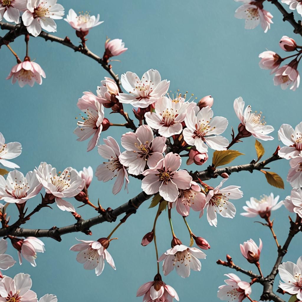 Hyperrealistic Cherry Blossom on Pale Blue