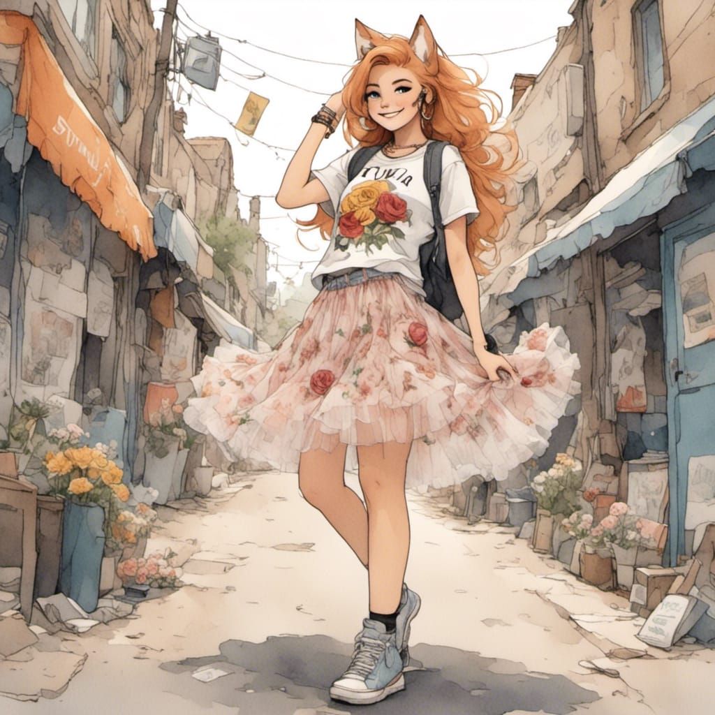 Fox-girl VIXEN wearing a Gun N' Roses concert t-shirt, wearing a tulle skirt and cute sneakers, smiling big
