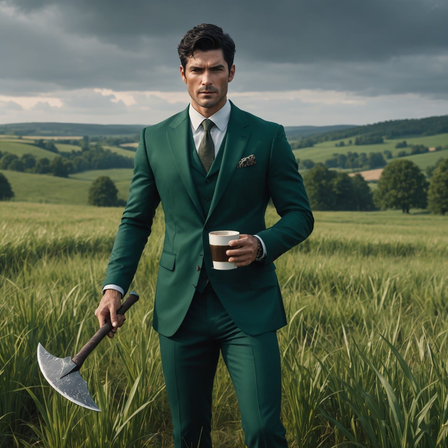 Man in Green Suit with Axe and Coffee