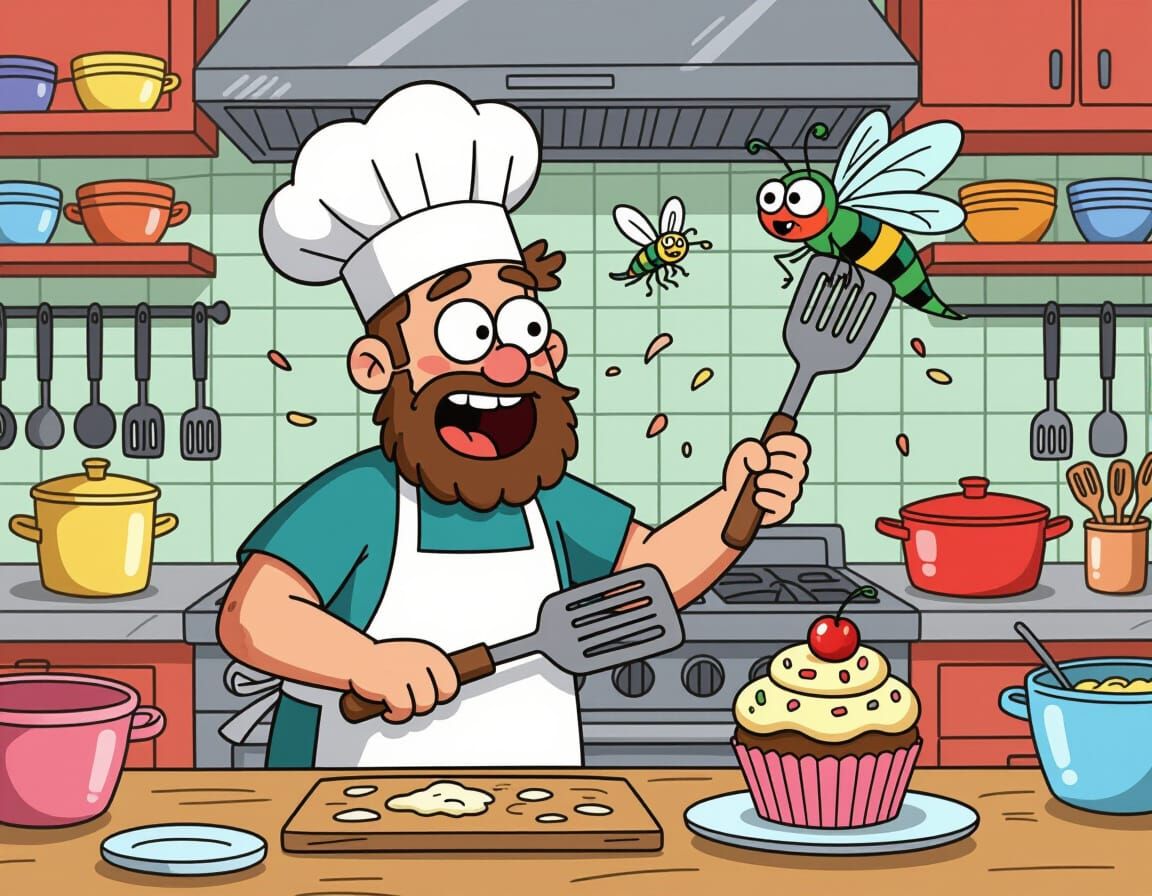 Chef Swats Fly on Cupcake in Cartoon Style