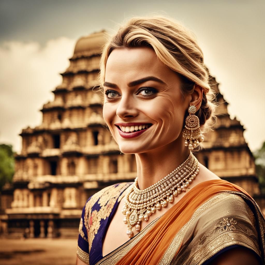 Margot Robbie in Saree with Ancient Indian Backdrop