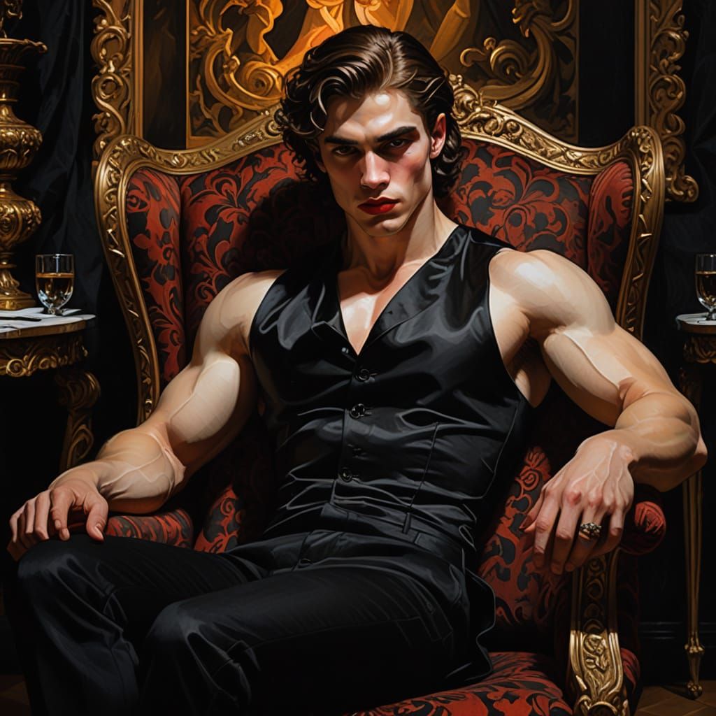 Handsome Vampire Reclining, Dramatic Oil Painting