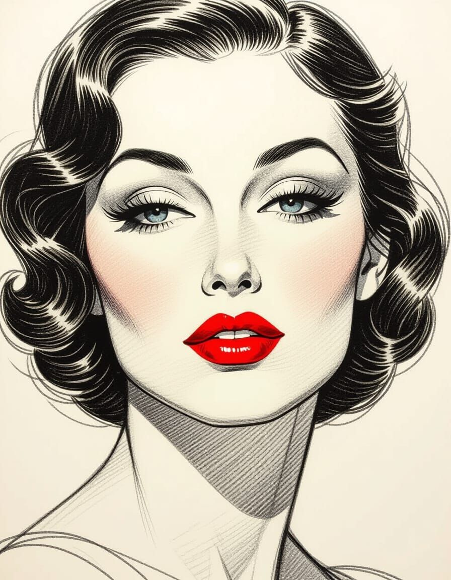 Elegant Woman's Face in 1930s Pencil Sketch