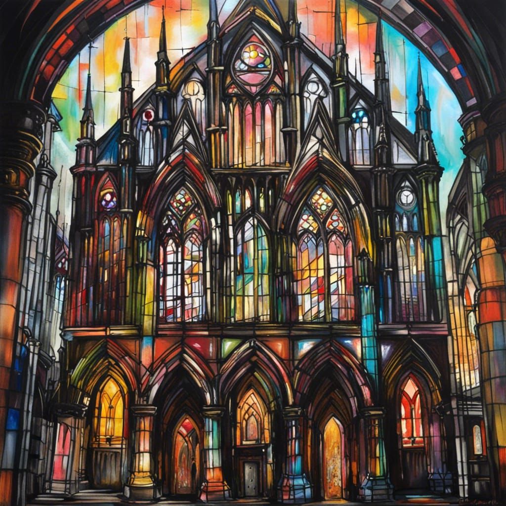 Stunning Gothic Cathedral with Stained Glass, Graffiti Art