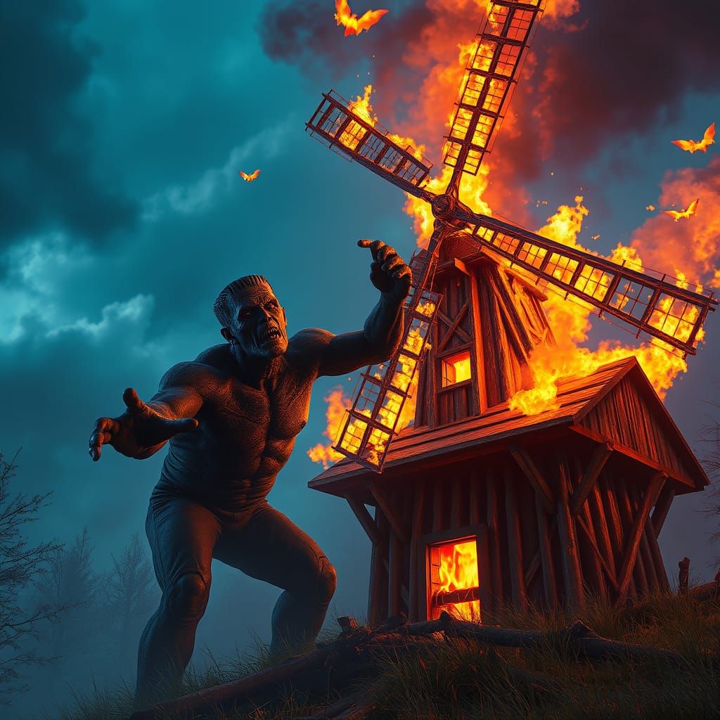 Surreal Dark Fantasy Masterpiece of a Monster in a Burning W...