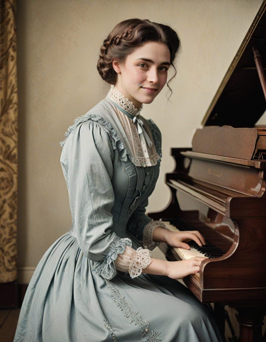 Elegant Victorian Lady Plays Piano with Shy Smile in Oil Pai...