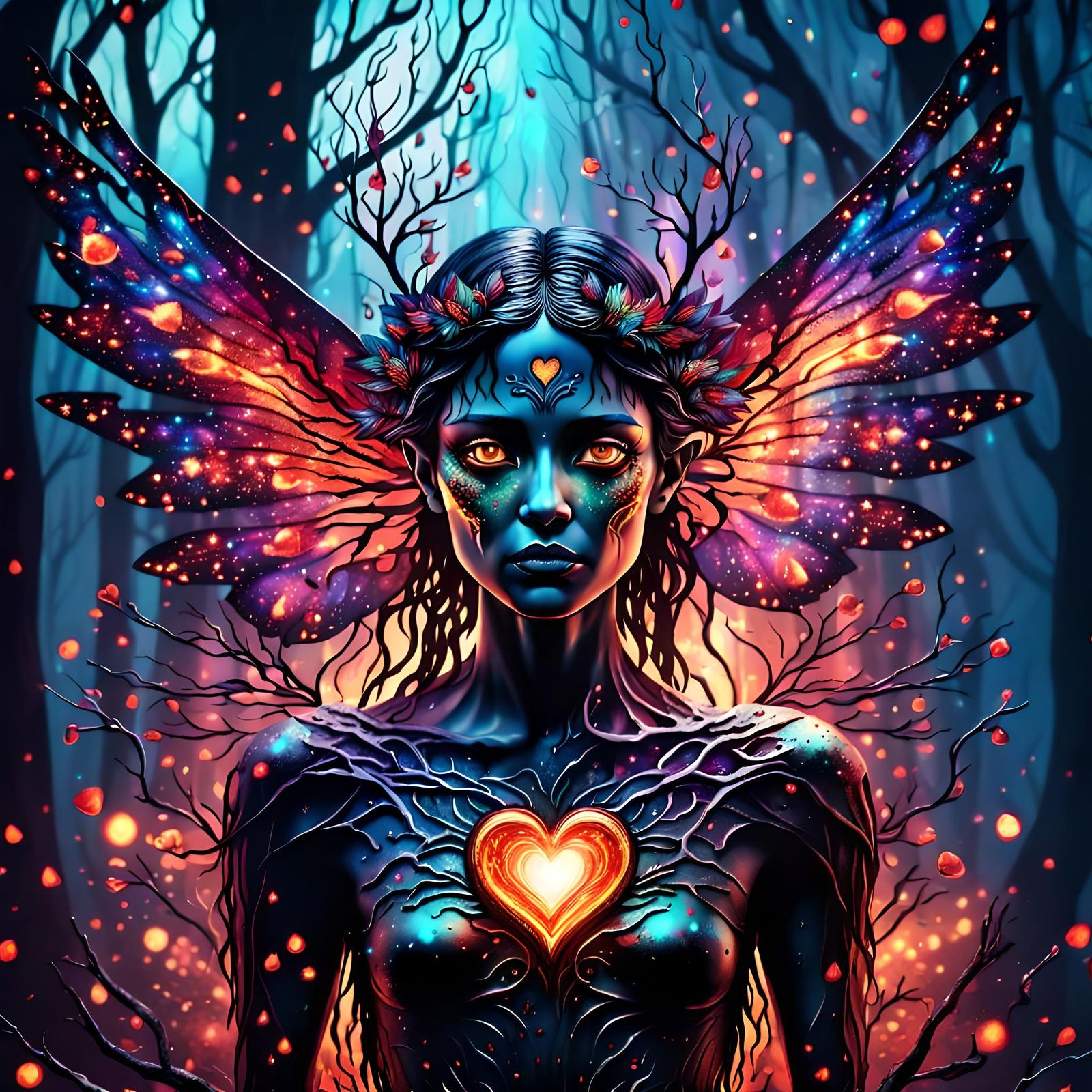 Creepy Fairy with Burning Eyes and Wings