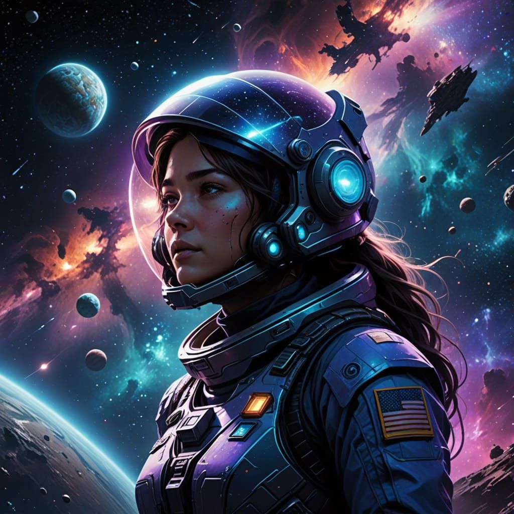 Female Space Explorer Gazes at Nebula