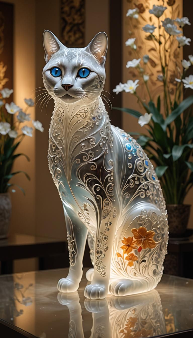 Floral Frosted Glass Siamese Cat Sculpture