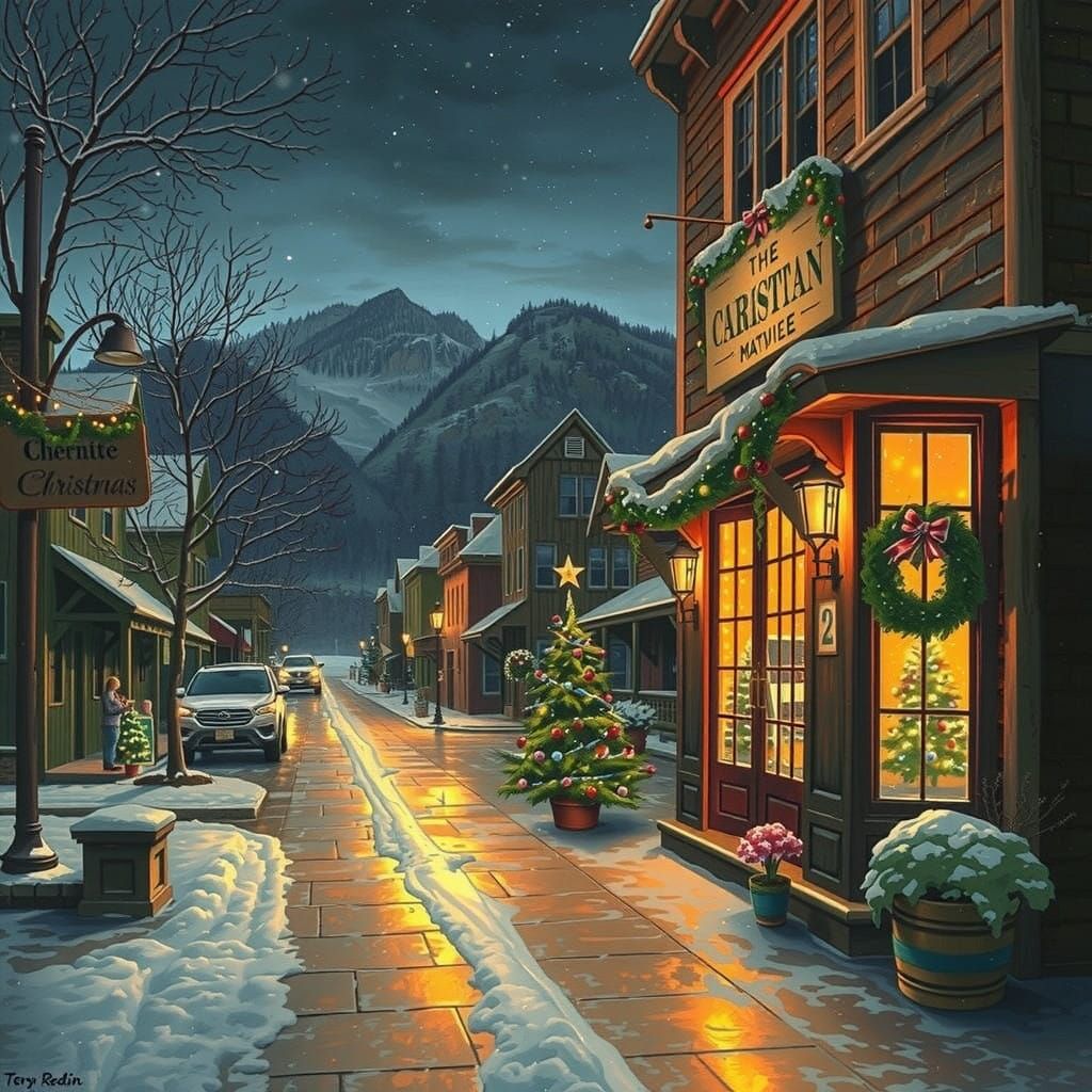 Snowy Smoky Mountains Christmas Scene in Warm, Nostalgic Sty...