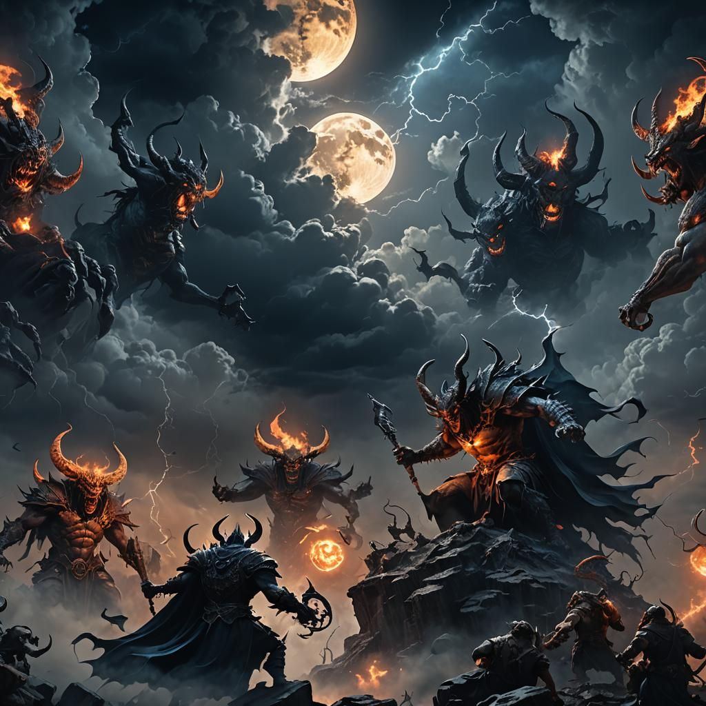 Demons Surrounded by Stormy Clouds in Dark Fantasy Style