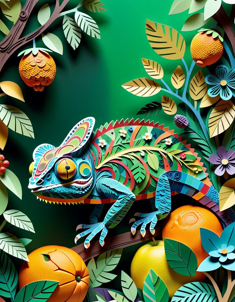Hyperdetailed Paper Chameleon in Kirigami Garden