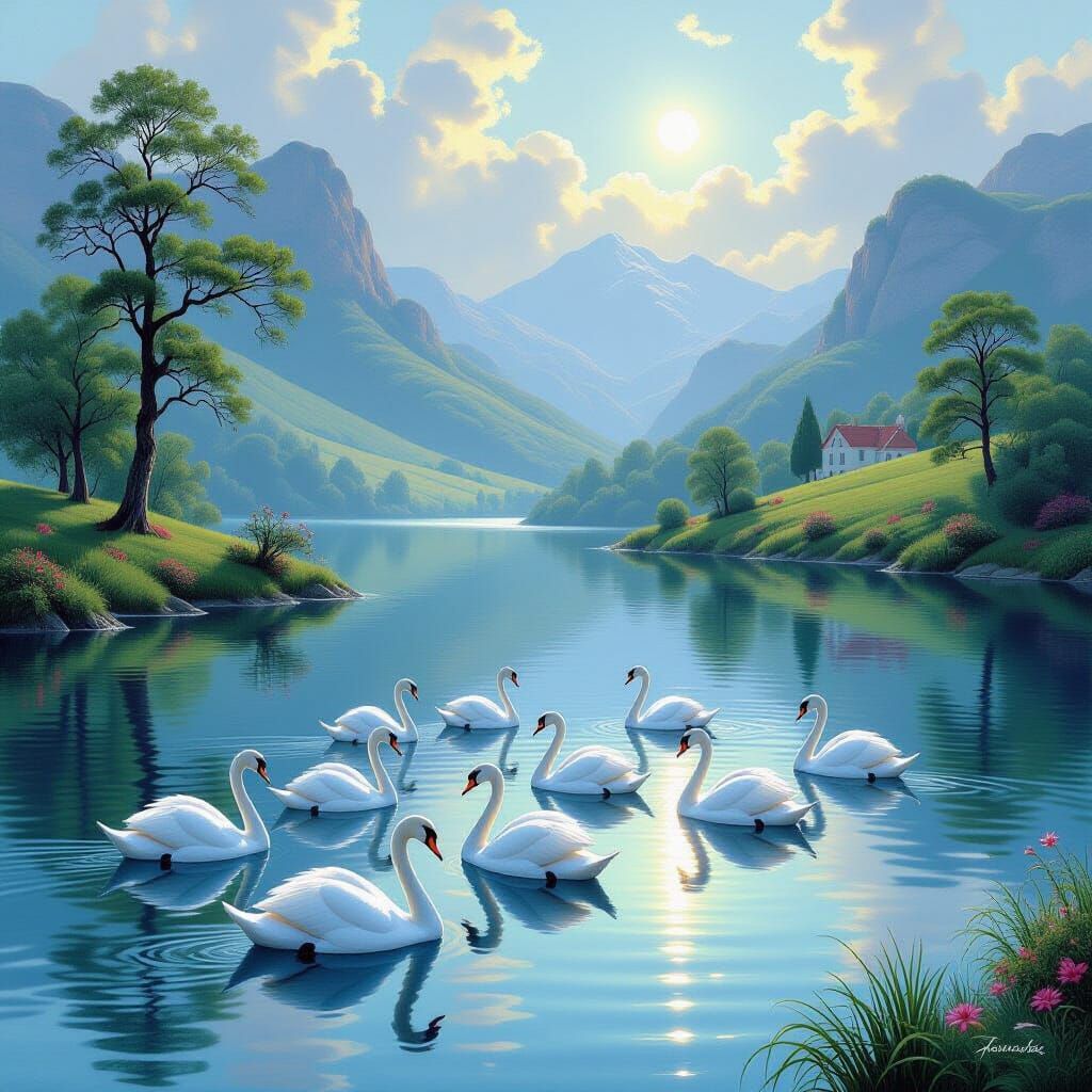 Swans Glide on Lake, Dreamlike Luminist Landscape