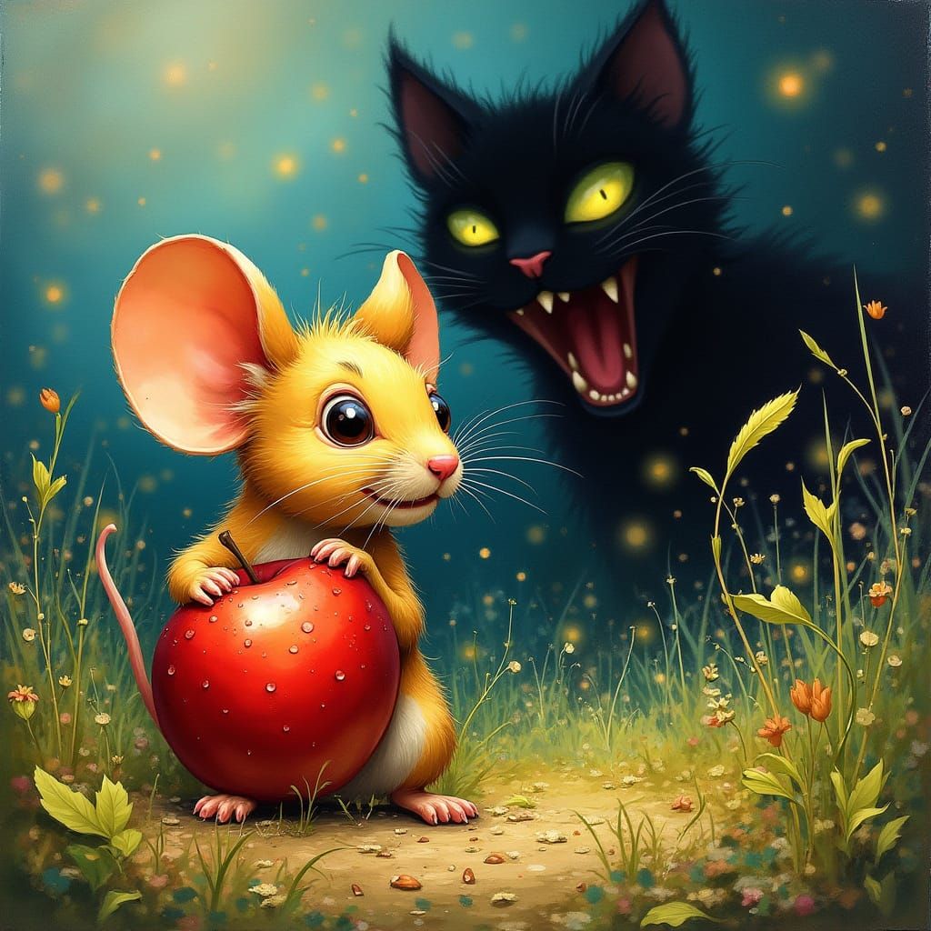 Mouse Enjoying Apple, Dürer-Inspired Abstract Painting