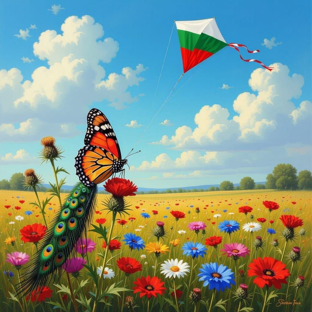 Peacock Butterfly on Persian Carpet Glade with Kite Flags