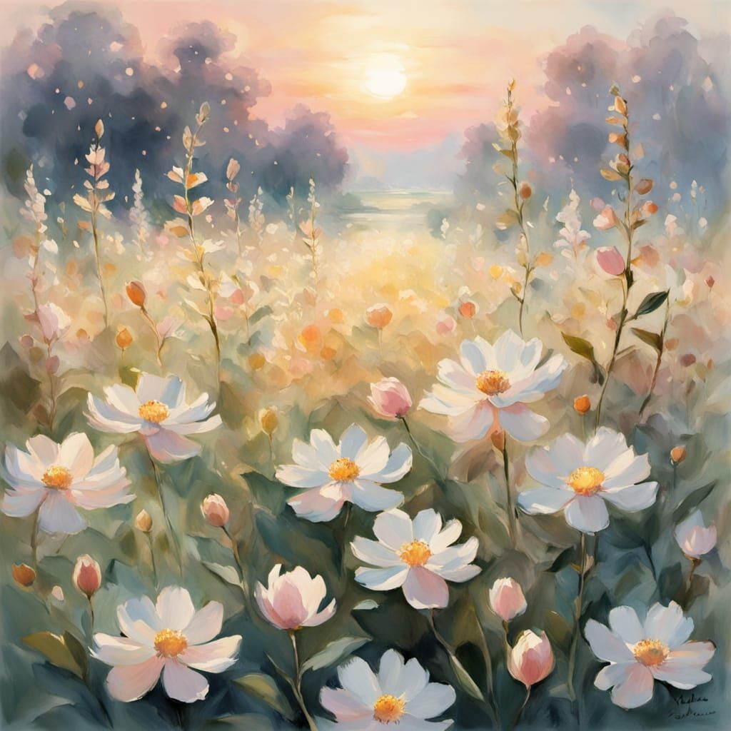 Impressionist Summer Farm Scene with Vibrant Flowers