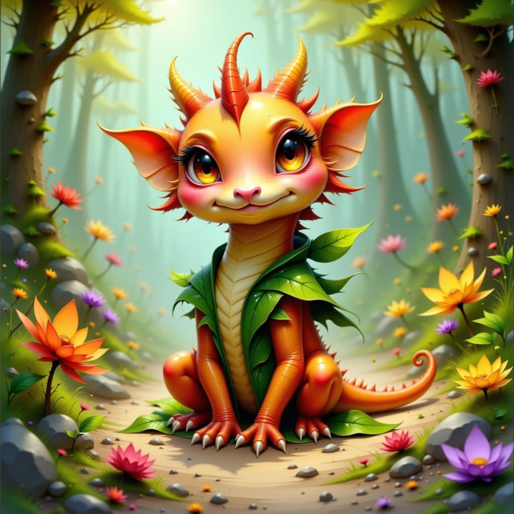 Peach-Dragon Hybrid in Whimsical Forest, Inspired by Loish