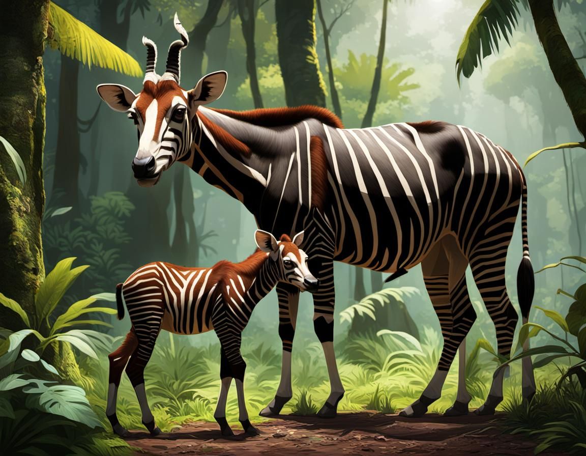 Okapi Mother and Baby in Jungle Concept Art