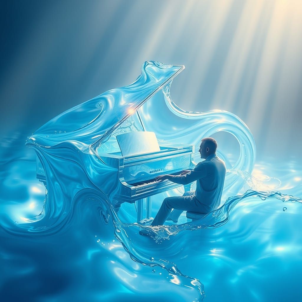 Pianist Plays Piano Made of Rippling Water in Ethereal Light