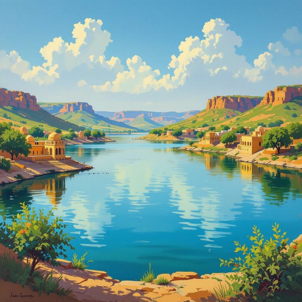 Vibrant Oil Painting of Gadisar Lake in Rajasthan