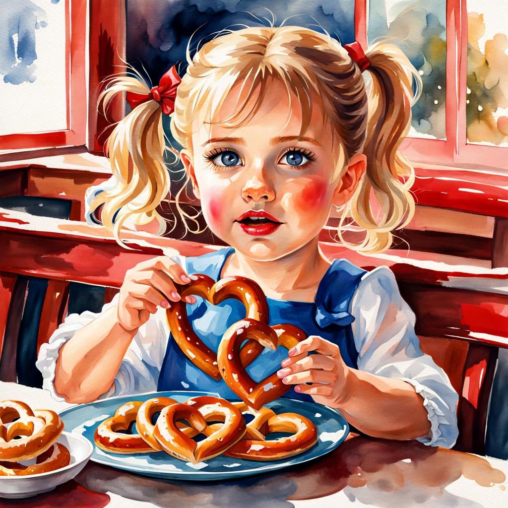 Girl with Pretzel Heart: Watercolor Painting