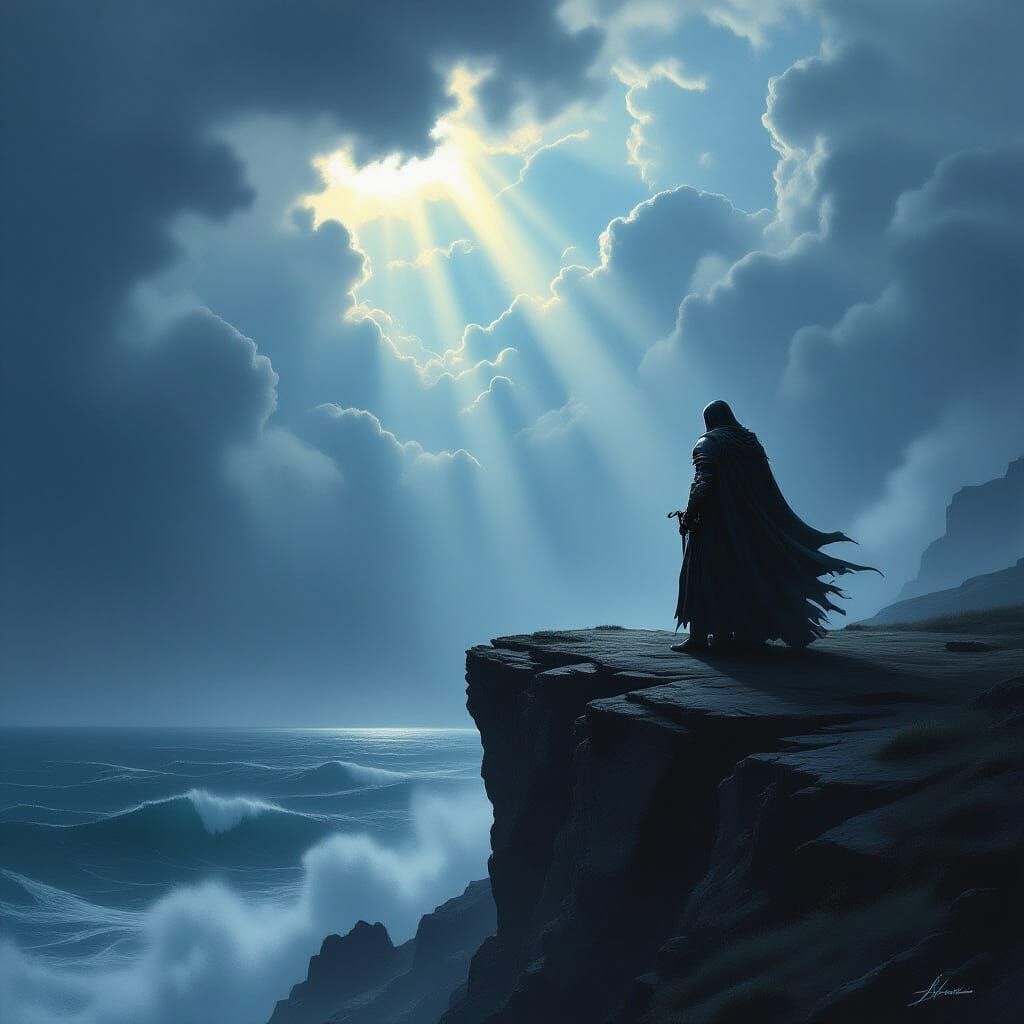 Knight on Cliff Overlooking Stormy Sea