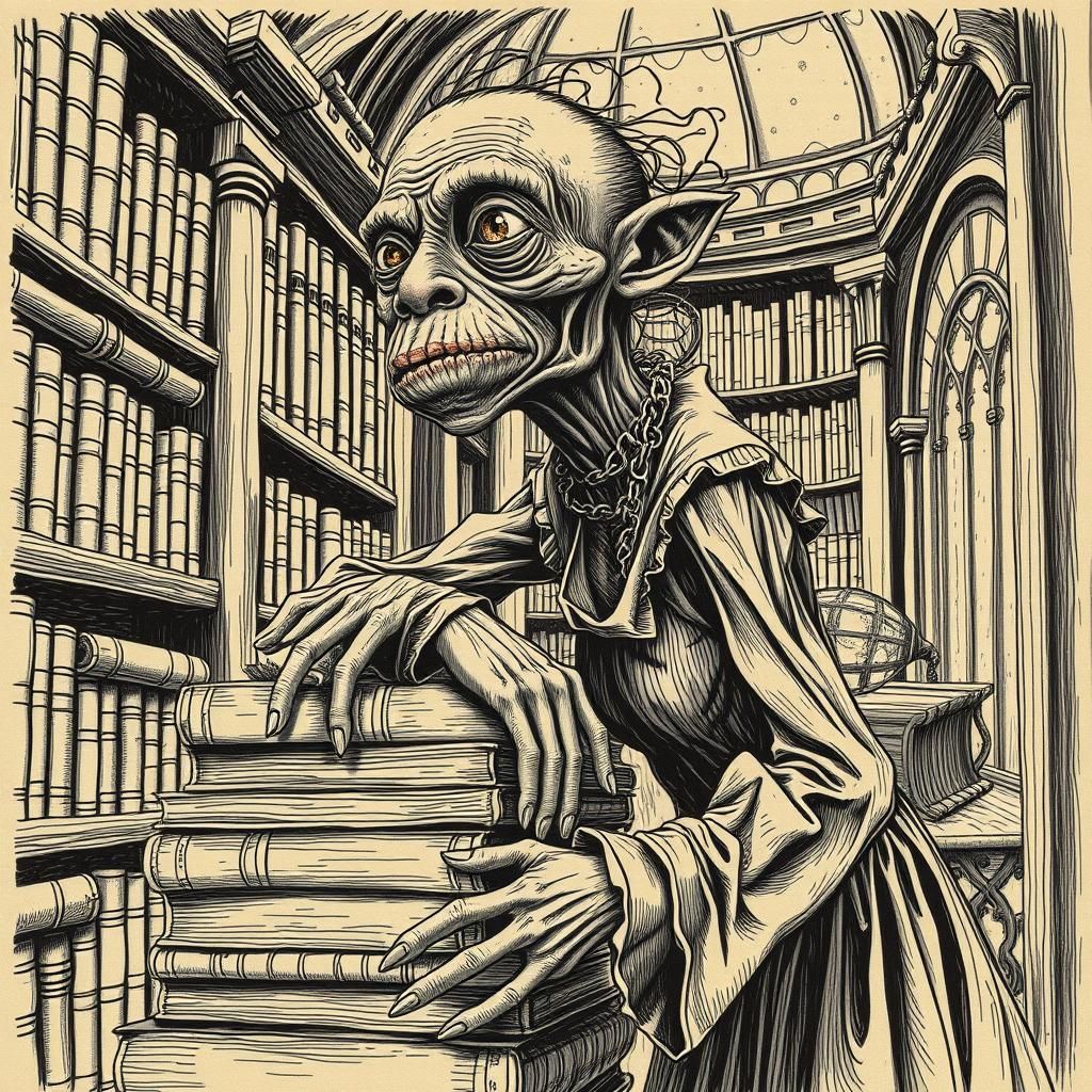 Art Brut Line Art of Strange Old Woman Reading Books