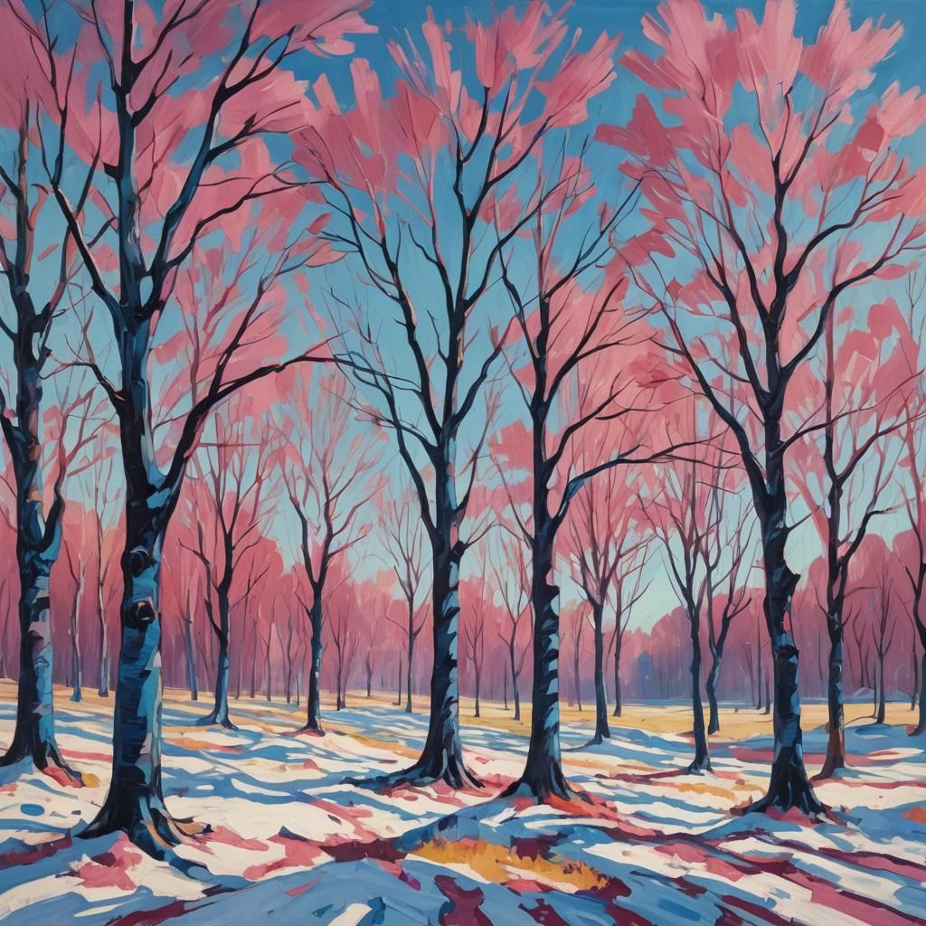 Fauvist Winter Landscape with Bare Trees in Wind