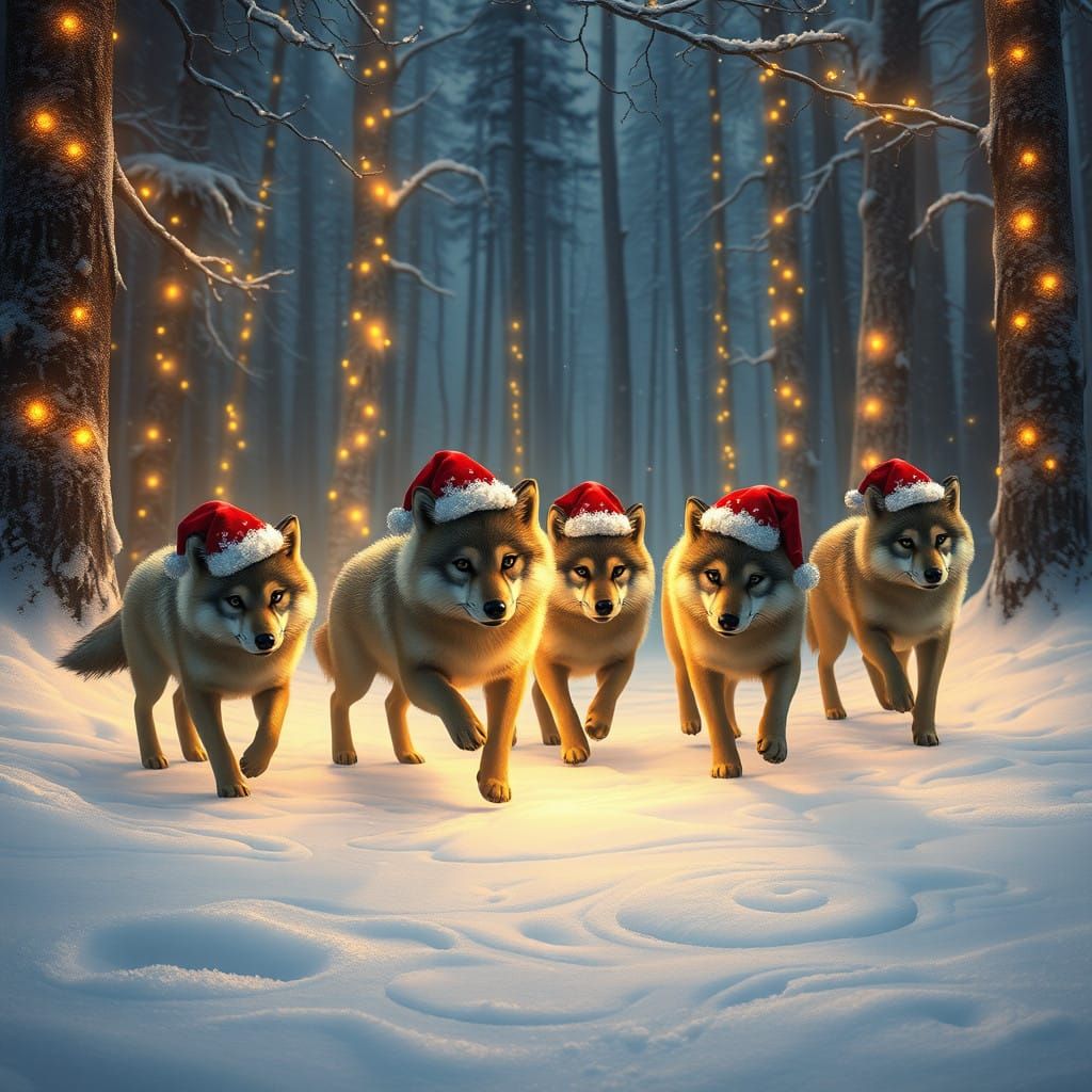 Wolves in Santa Hats Frolic in Enchanted Winter Wonderland
