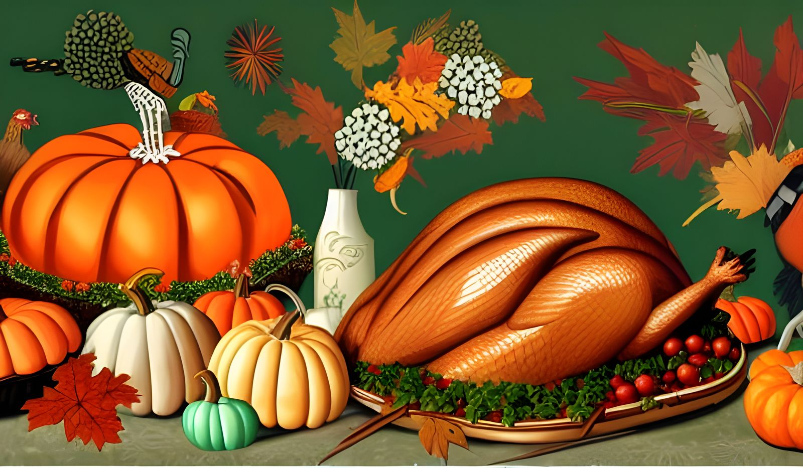 Thanksgiving Cornucopia and Turkey in Naive Art