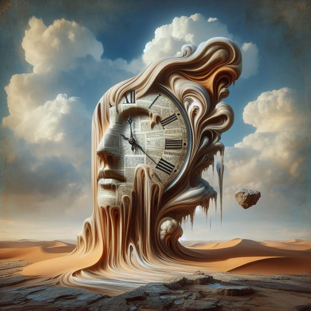 Surreal Desert Clock in Photorealistic Style