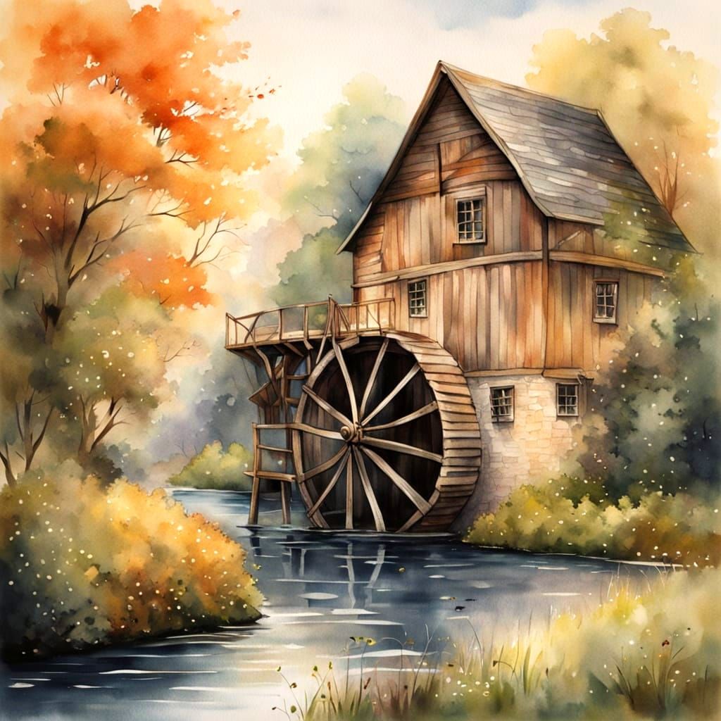 A Traditional Watermill Along a Serene Riverbank